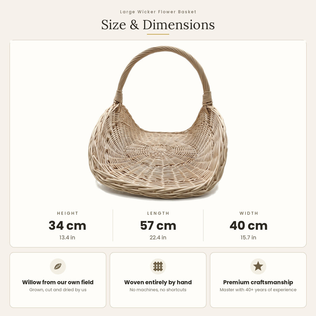 Size chart for the large handwoven willow flower basket showing 34 cm height, 57 cm length and 40 cm width.