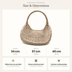 Size chart for the large handwoven willow flower basket showing 34 cm height, 57 cm length and 40 cm width.