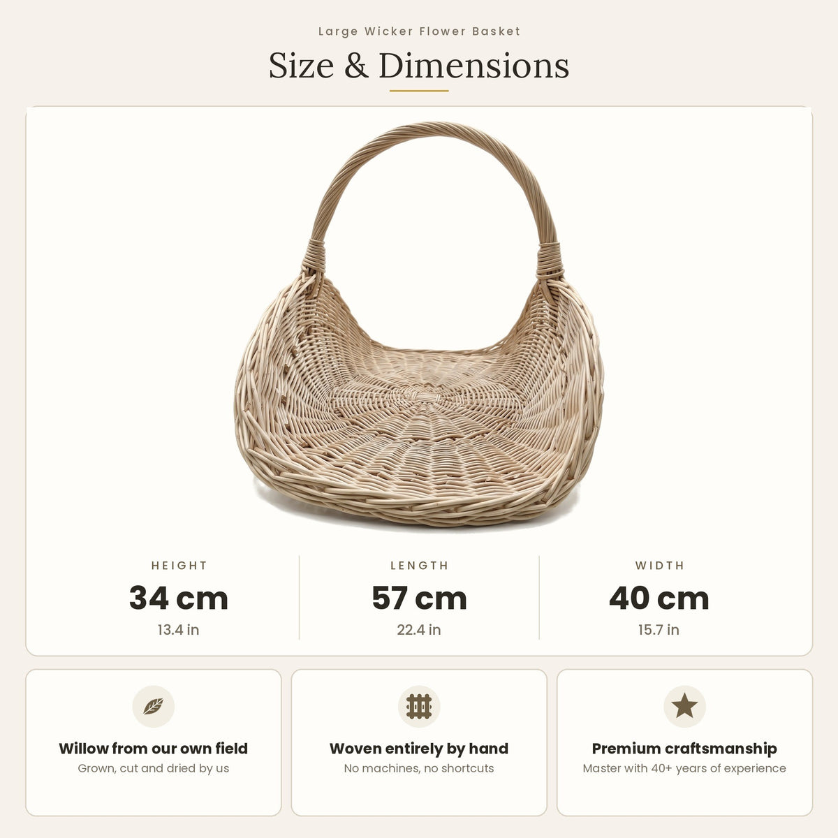 Size chart for the large handwoven willow flower basket showing 34 cm height, 57 cm length and 40 cm width.