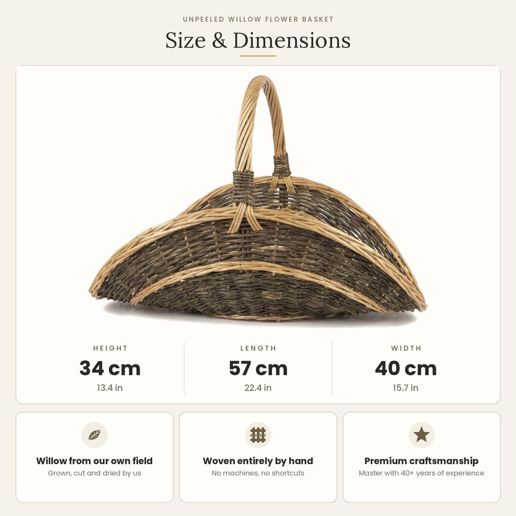 Size chart for the unpeeled willow flower basket showing 34 cm height, 57 cm length and 40 cm width.