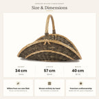 Size chart for the unpeeled willow flower basket showing 34 cm height, 57 cm length and 40 cm width.