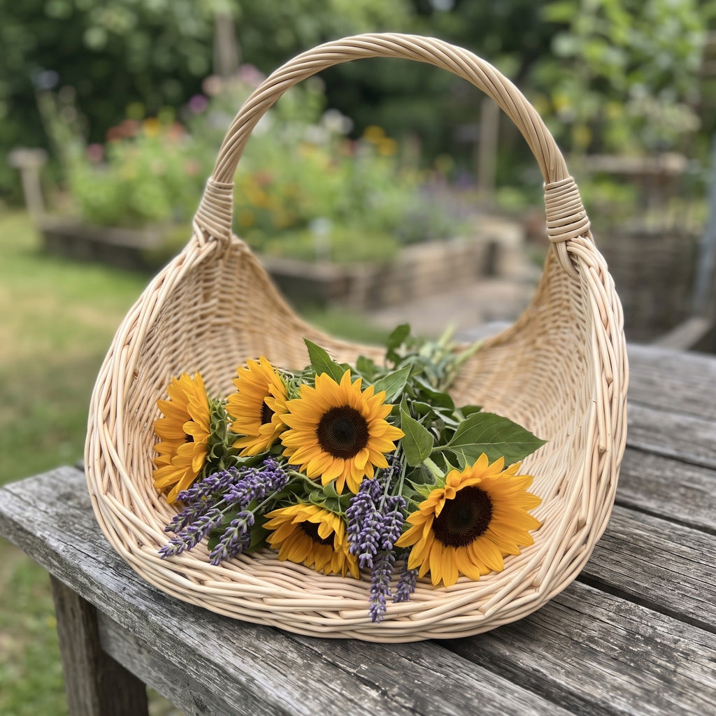 Handwoven willow flower basket with raised curved ends and a tall handle, holding sunflowers and lavender on a garden table.