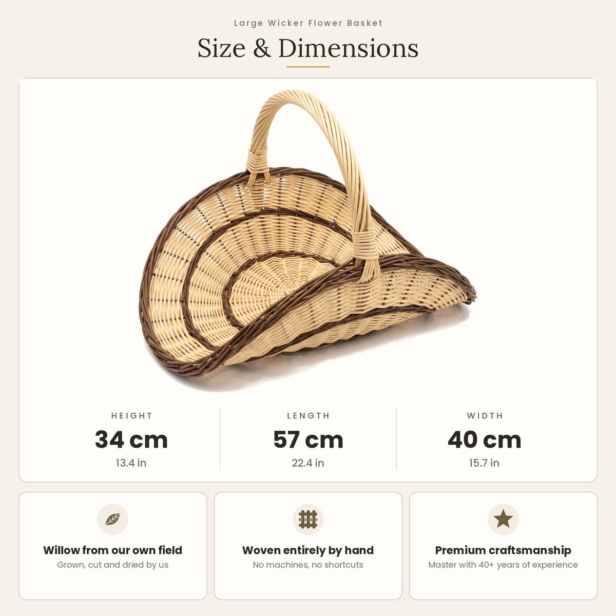 Size chart for the large willow flower gathering trug showing 34 cm height, 57 cm length and 40 cm width