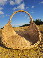 Elongated handwoven willow basket with a spiral-woven base flowing into curved sides and a single arched handle, standing on straw stubble in a field.