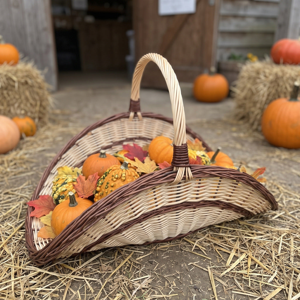 Large wicker harvest basket with handle filled with small pumpkins, gourds and autumn leaves on straw outside a barn