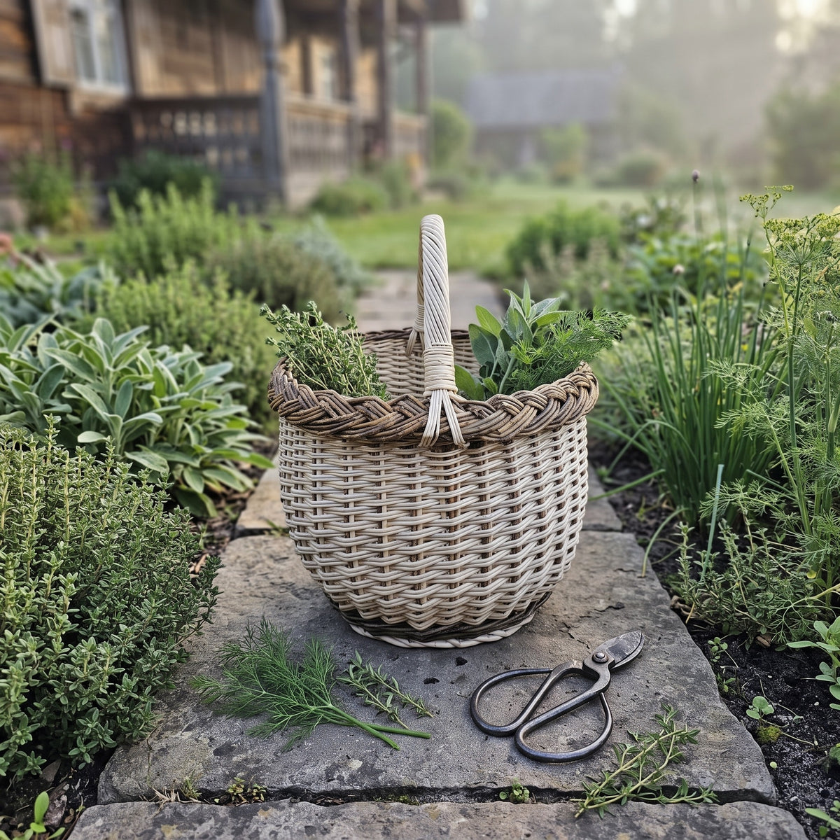 Handwoven willow mushroom basket with a braided rim and arched handle on a stone path in a herb garden, with cut herbs and garden scissors beside it.