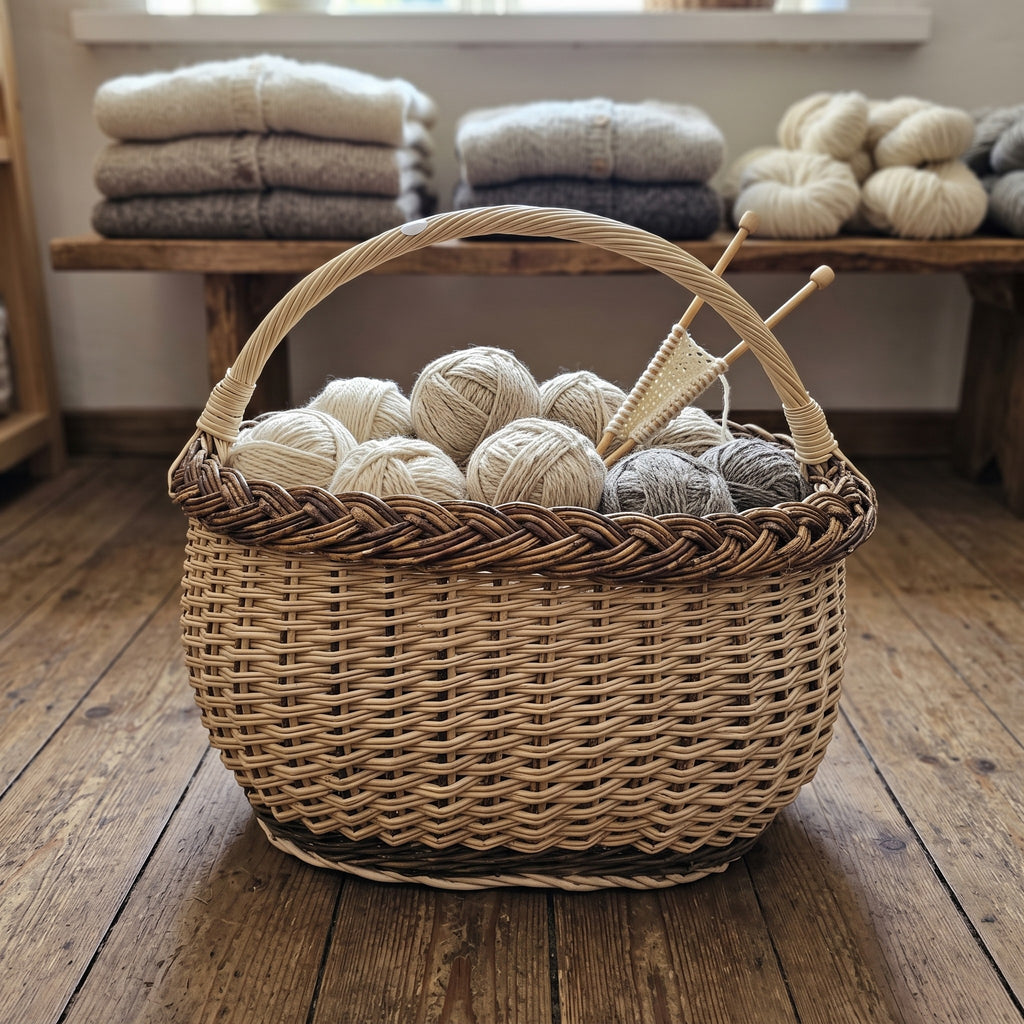 Oval wicker basket with braided rim holding balls of wool yarn and knitting needles on a wooden floor, folded knitwear on a bench behind.