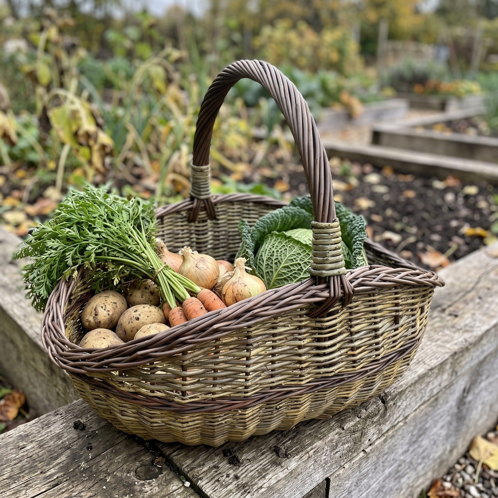 Large wicker gathering basket with a twisted handle full of carrots, potatoes, onions and cabbage on a raised garden bed