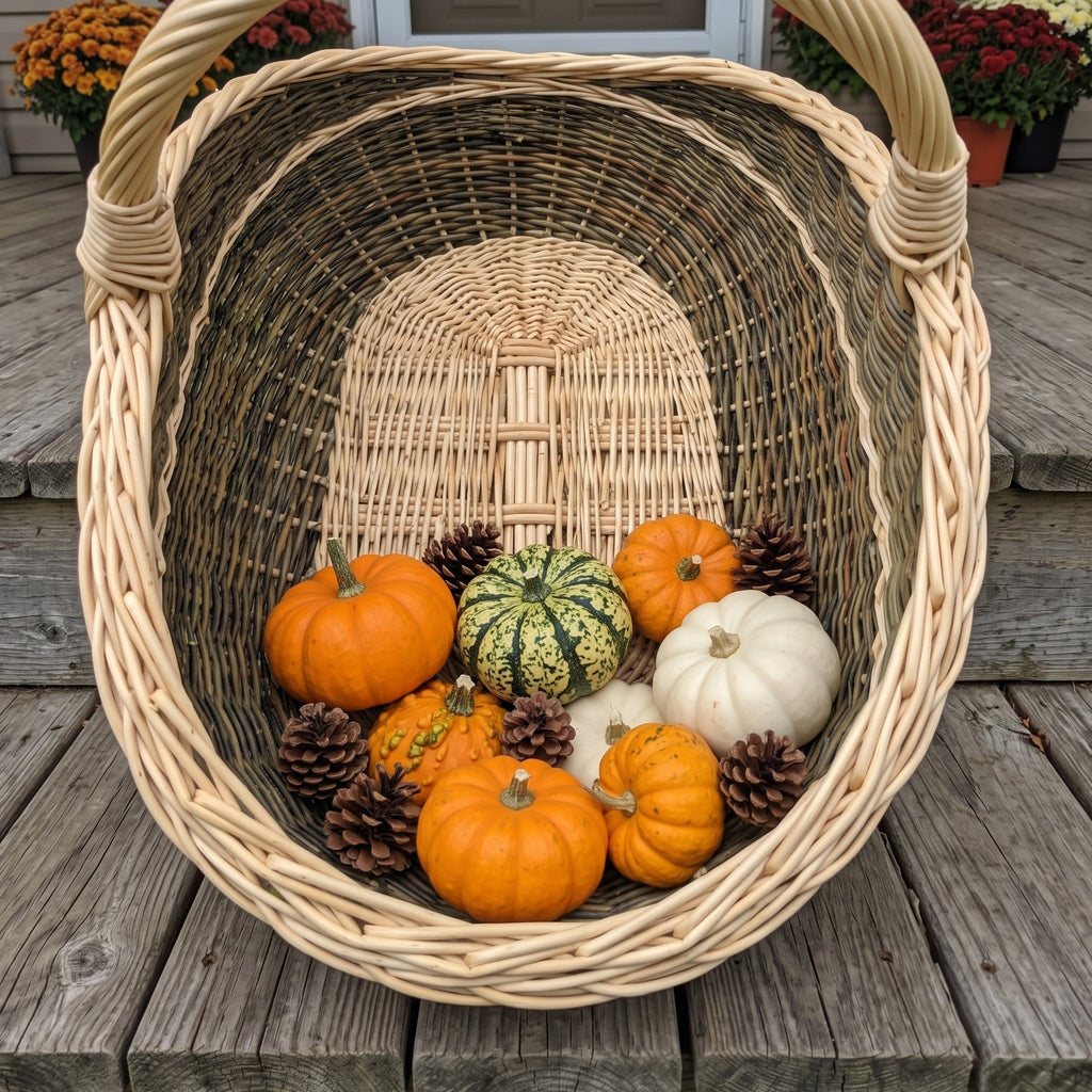 Wicker gathering basket with handle holding small pumpkins, gourds and pinecones on a wooden porch, seen from above