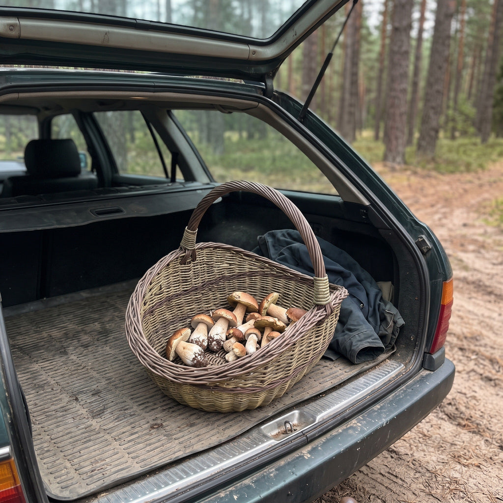 Large willow mushroom basket with a twisted handle full of freshly picked boletes in the open boot of a car in a pine forest