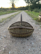 End-on view of the basket on a country track, showing how narrow it is from the short side.
