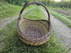 Wicker gathering basket standing on the grass verge with the track running away behind it.