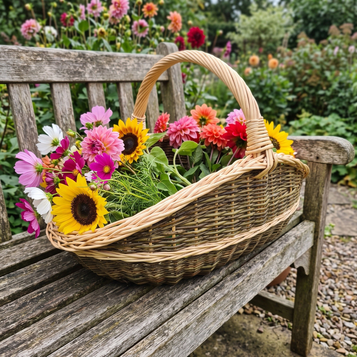 Large willow gathering basket with handle holding sunflowers, dahlias and cosmos on a wooden garden bench by a flower border