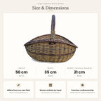 Size chart for the large willow gathering basket showing 50 cm length, 35 cm width and 21 cm height without handle