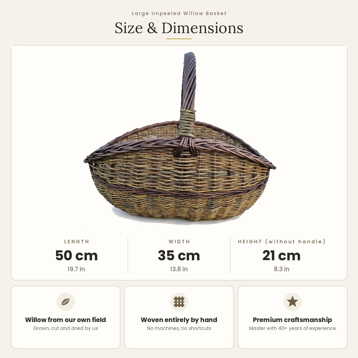 Size chart for the large willow gathering basket showing 50 cm length, 35 cm width and 21 cm height without handle