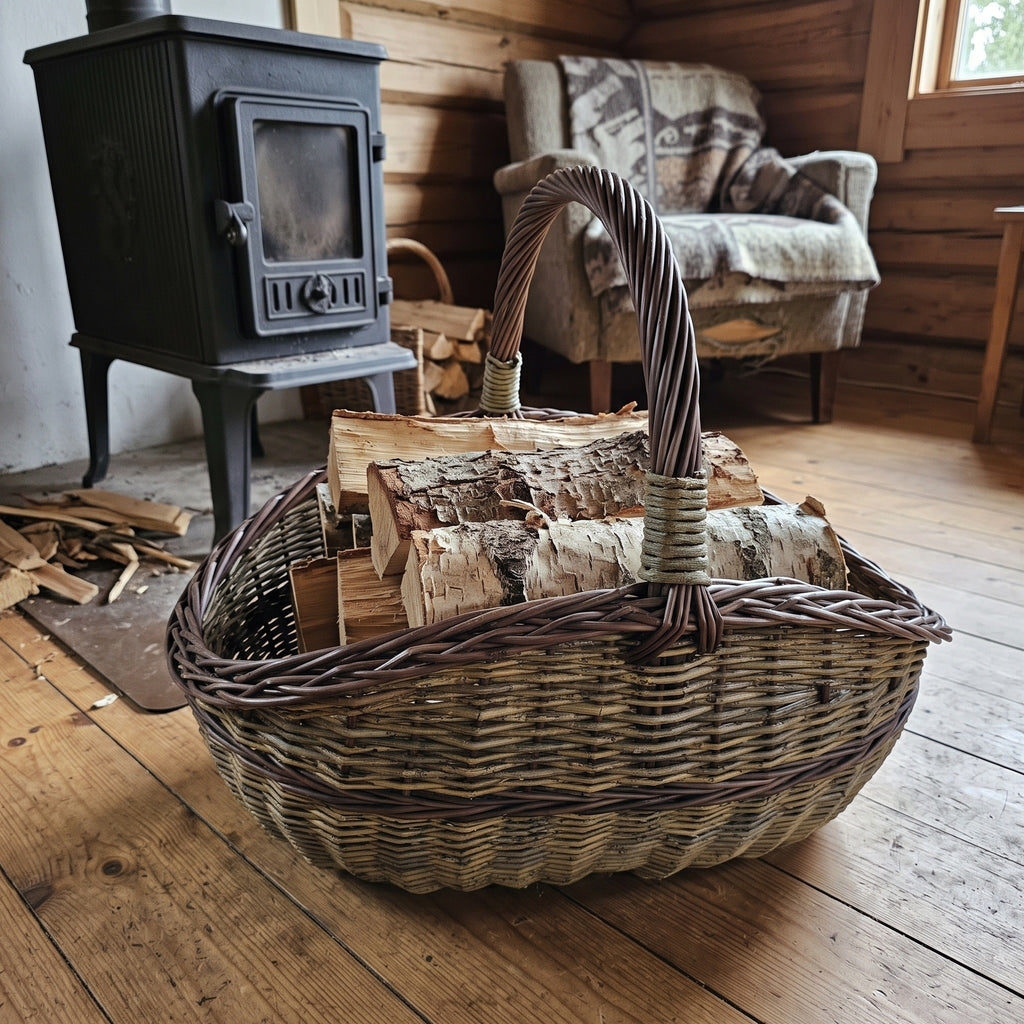 Large wicker gathering basket with handle filled with birch firewood logs on a wooden floor beside a cast iron stove