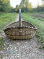 Wicker gathering basket seen head-on on a forest track at dusk, the wide shallow body and tall handle in profile.