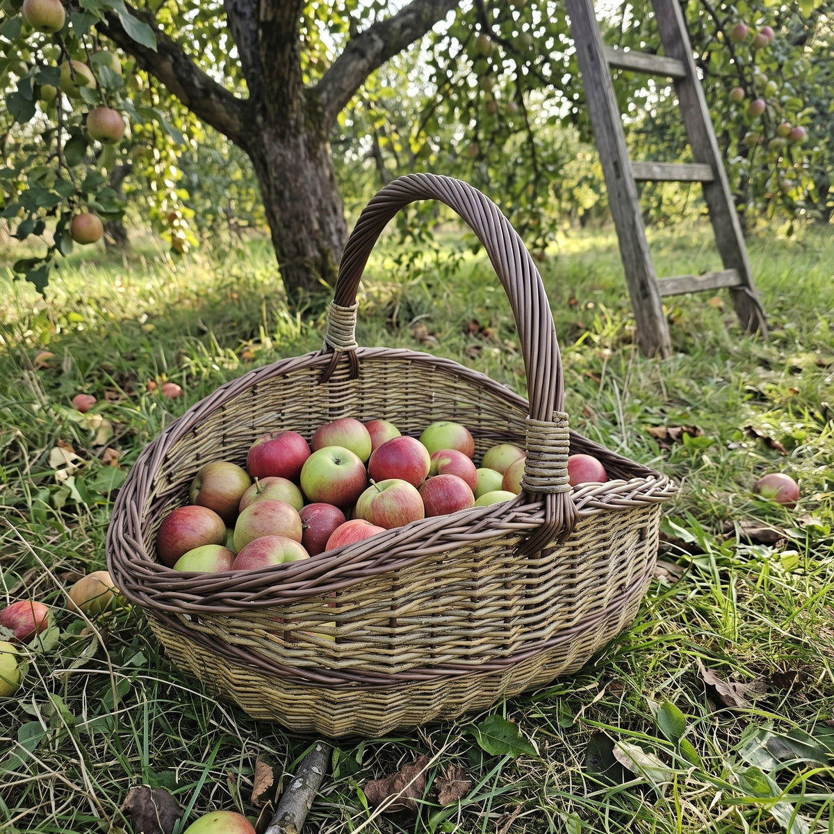 Large handwoven willow gathering basket with handle full of freshly picked apples on the grass in an orchard by a ladder