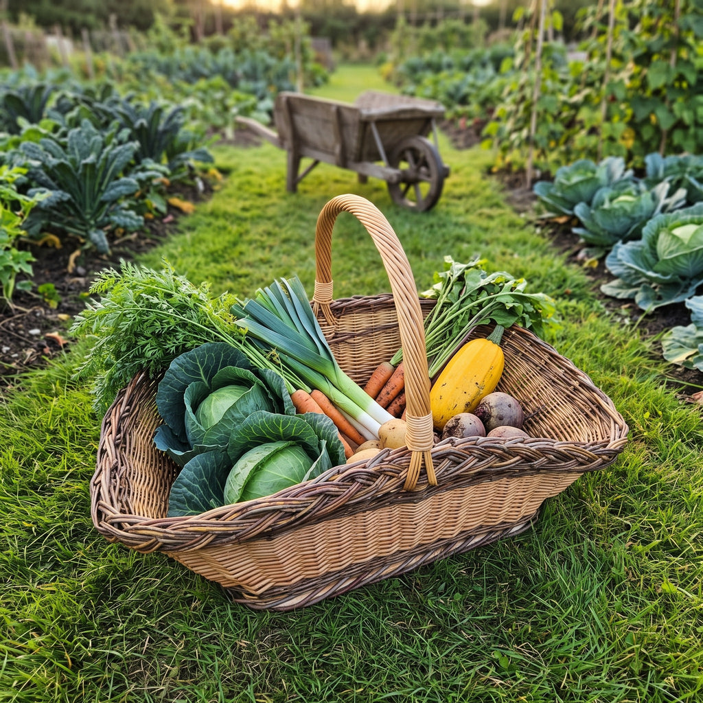 Oversized harvest basket with wooden base filled with cabbage, leeks, carrots and squash on the grass between vegetable beds in a garden.
