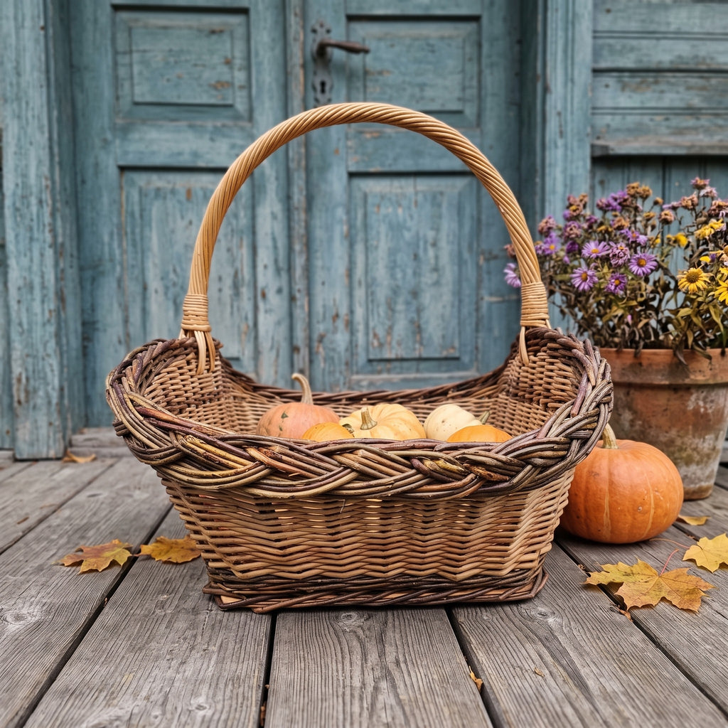 Oversized handwoven willow gathering trug with a tall arched handle holding pumpkins on a wooden porch by an old blue door.