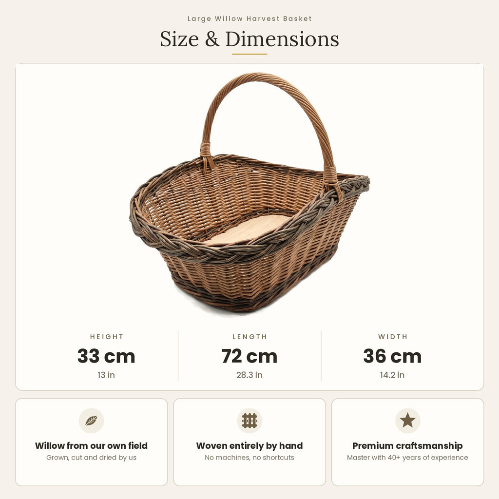 Size chart for the oversized wicker gathering basket with wooden base showing 72 cm length, 36 cm width and 24 cm height without handle.