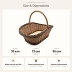 Size chart for the oversized wicker gathering basket with wooden base showing 72 cm length, 36 cm width and 24 cm height without handle.
