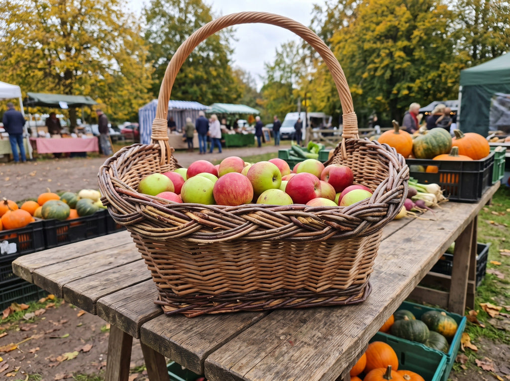 Oversized wicker harvest basket with handle full of apples on a wooden table at an autumn farmers market with pumpkins.