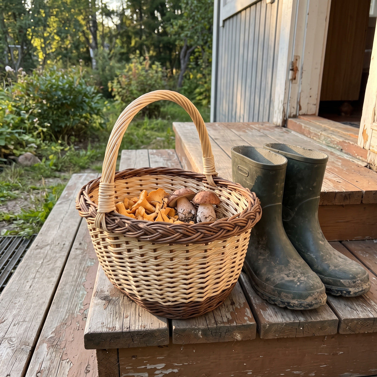 Oval willow foraging basket filled with chanterelles and boletus mushrooms on a wooden porch step next to muddy rubber boots.