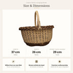 Size chart for the classic wicker foraging basket showing 37 cm length, 26 cm width and 29 cm height with handle.