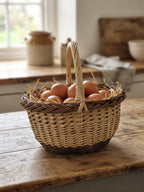 Willow egg gathering basket lined with straw and filled with fresh eggs on a rustic kitchen counter by a window.