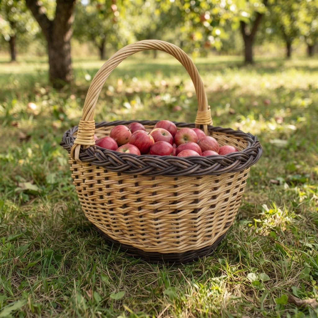 Wicker basket with handle filled with red apples on the grass in an orchard, the braided rim and sturdy woven sides in warm daylight.