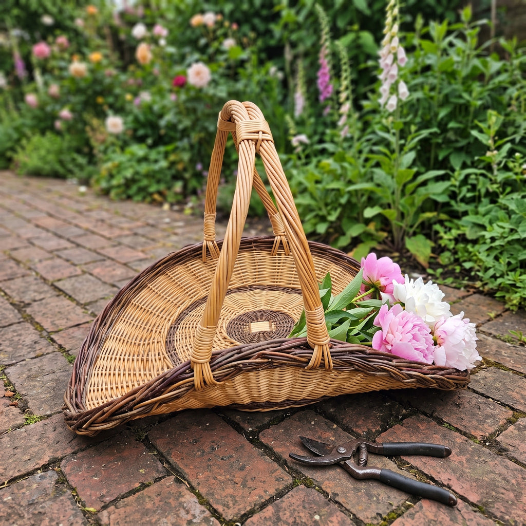 Fan-shaped willow flower trug with a tall arched handle holding pink peonies and tulips on a brick garden path beside pruning shears.