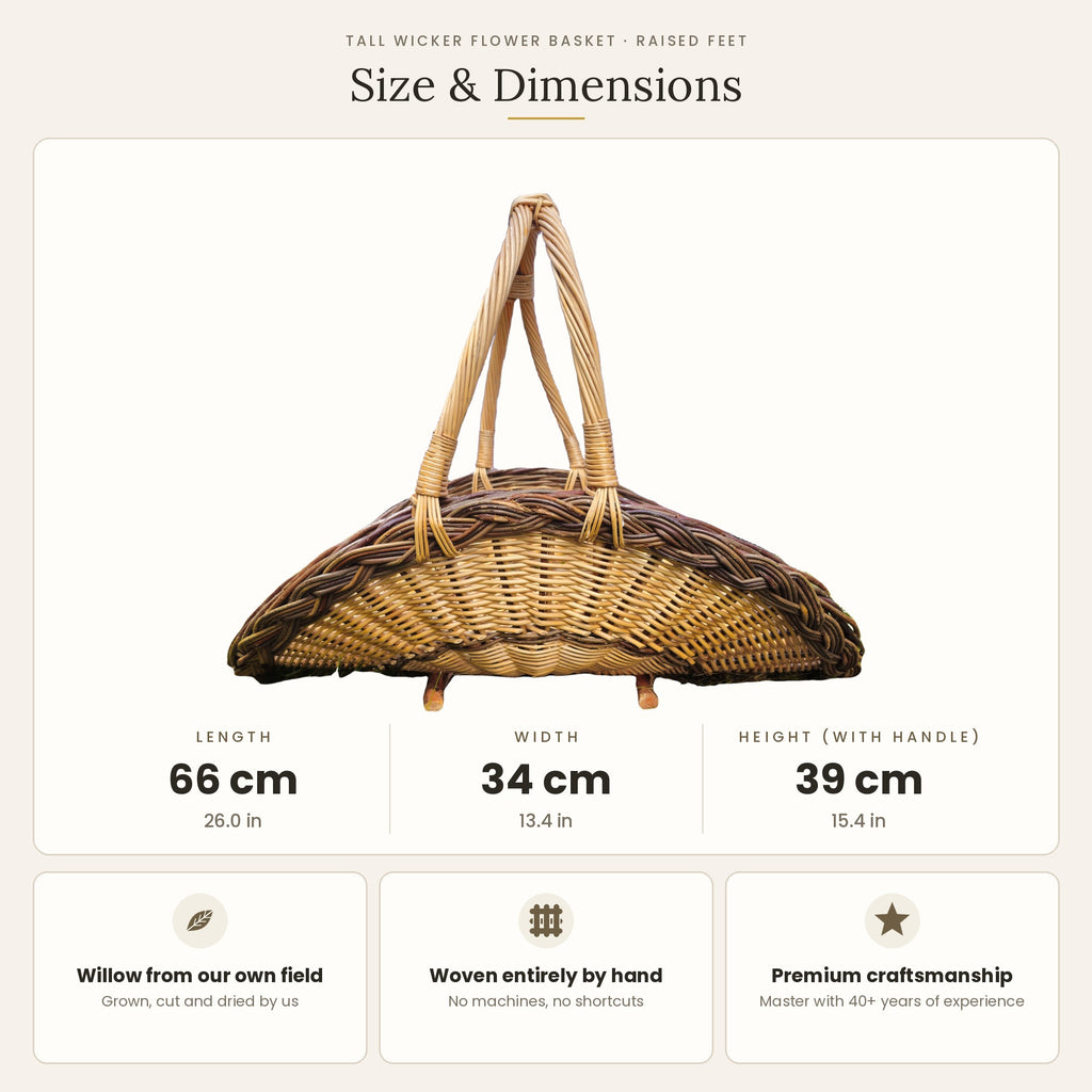 Size chart for the handwoven wicker flower trug on wooden feet showing 66 cm length, 34 cm width and 39 cm height with handle.