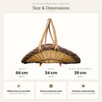 Size chart for the handwoven wicker flower trug on wooden feet showing 66 cm length, 34 cm width and 39 cm height with handle.