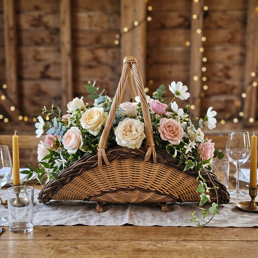 Wicker table centerpiece on wooden feet with a tall arched handle, filled with roses and greenery on a candlelit wedding table in a barn.