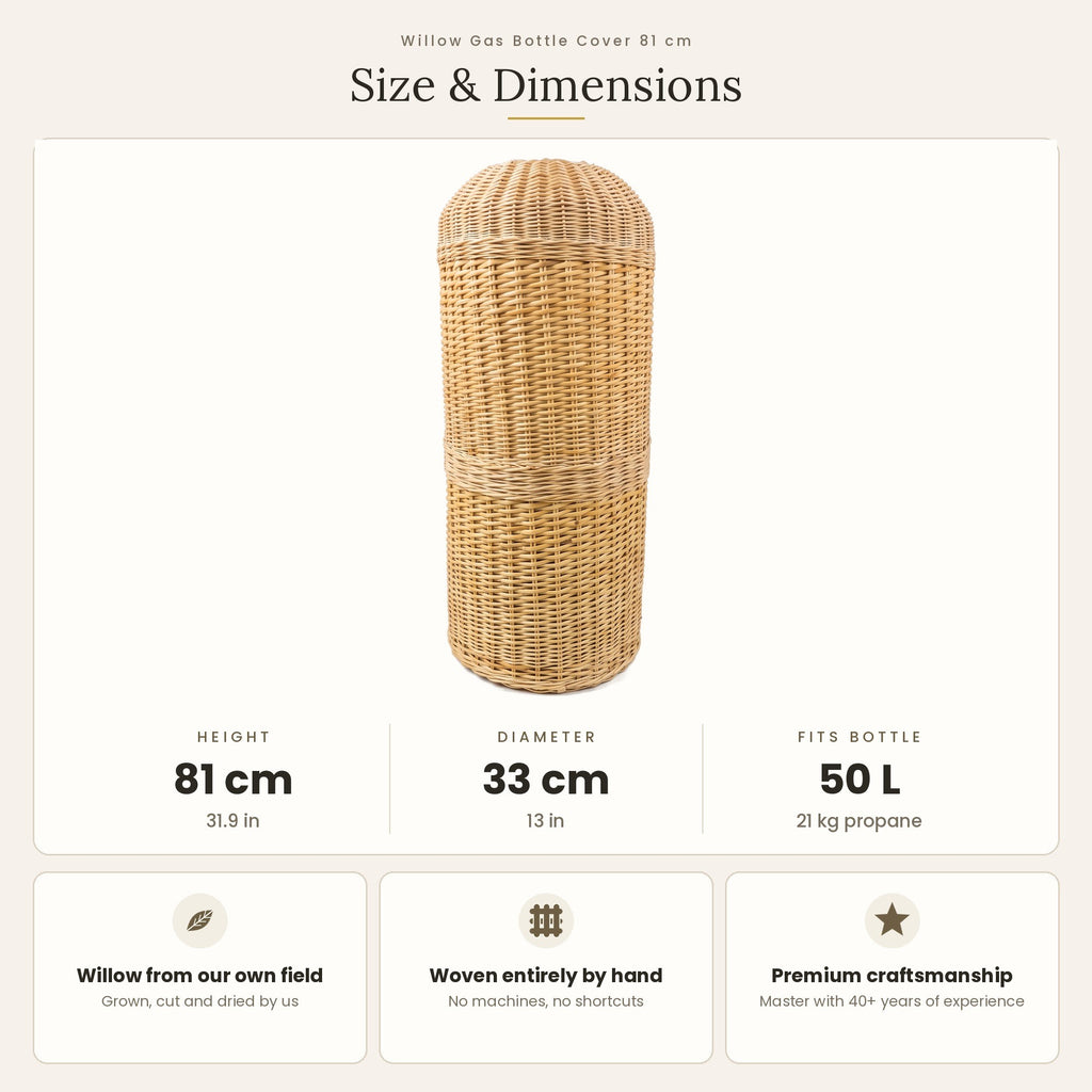 Size chart for the handwoven willow gas bottle cover showing 81 cm height, 33 cm diameter and a fit for 50 L bottles.