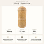 Size chart for the handwoven willow gas bottle cover showing 81 cm height, 33 cm diameter and a fit for 50 L bottles.