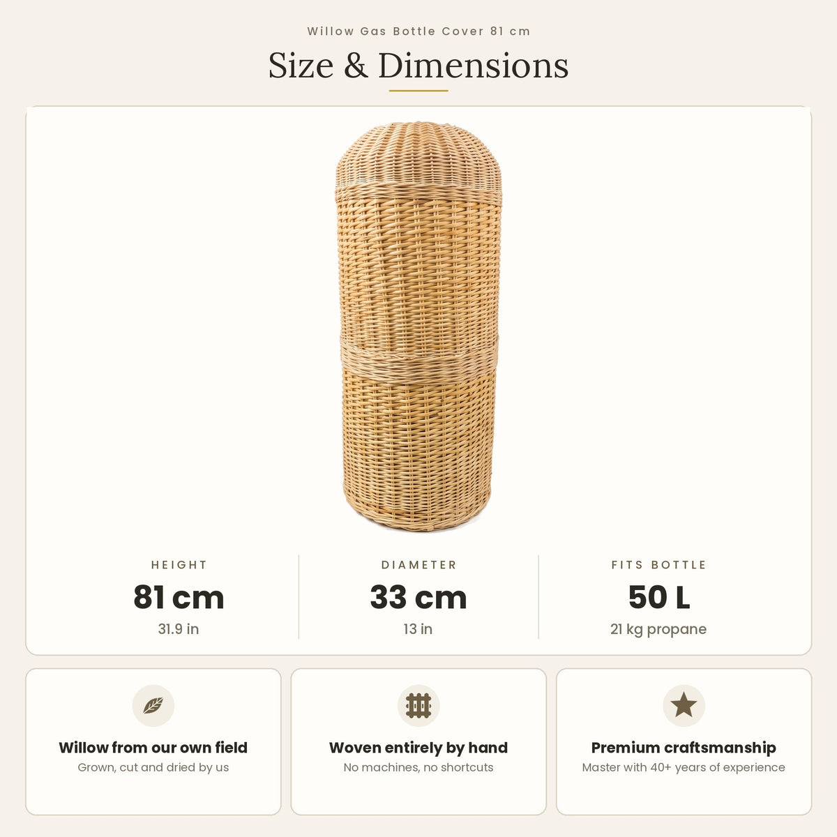 Size chart for the handwoven willow gas bottle cover showing 81 cm height, 33 cm diameter and a fit for 50 L bottles.