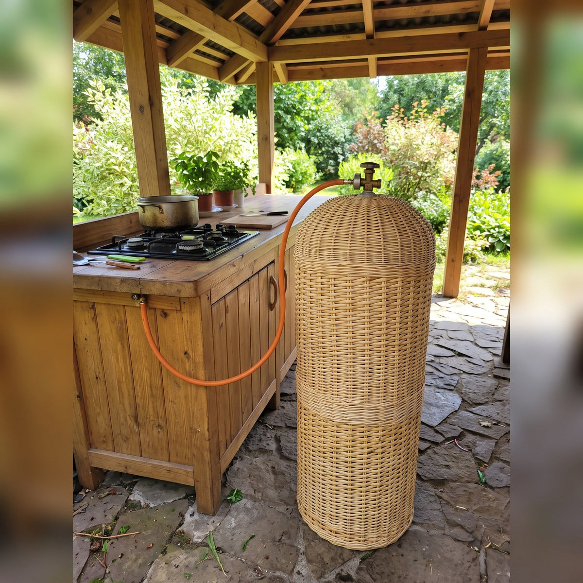 Willow gas cylinder cover beside an outdoor wooden kitchen with a gas hob under a garden pergola, the hose running from the valve on top.