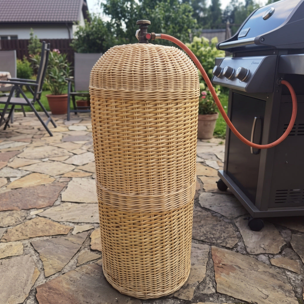 Tall wicker gas bottle sleeve on a stone patio connected to a barbecue grill, the valve and hose coming out through the opening in the top.