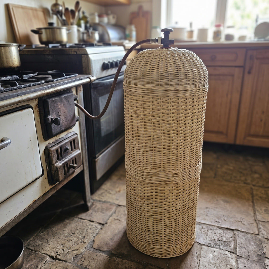 Handmade willow gas cylinder sleeve with a domed top and valve opening, shown standing in a rustic kitchen next to an old stove.