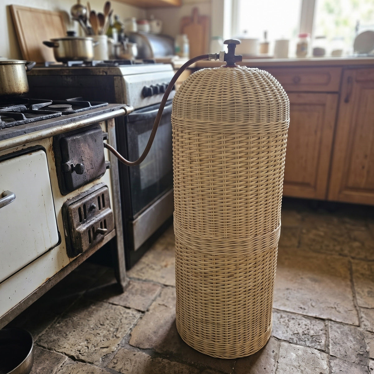Handmade willow gas cylinder sleeve with a domed top and valve opening, shown standing in a rustic kitchen next to an old stove.