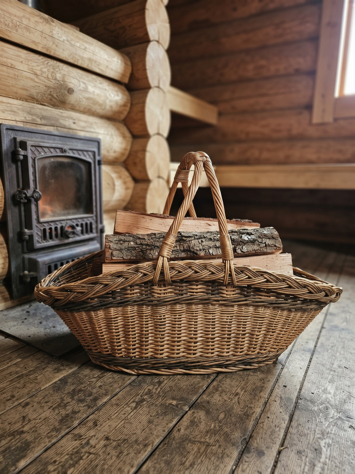 Long wicker trug with two handles holding split firewood on a plank floor beside a wood-burning stove in a log cabin