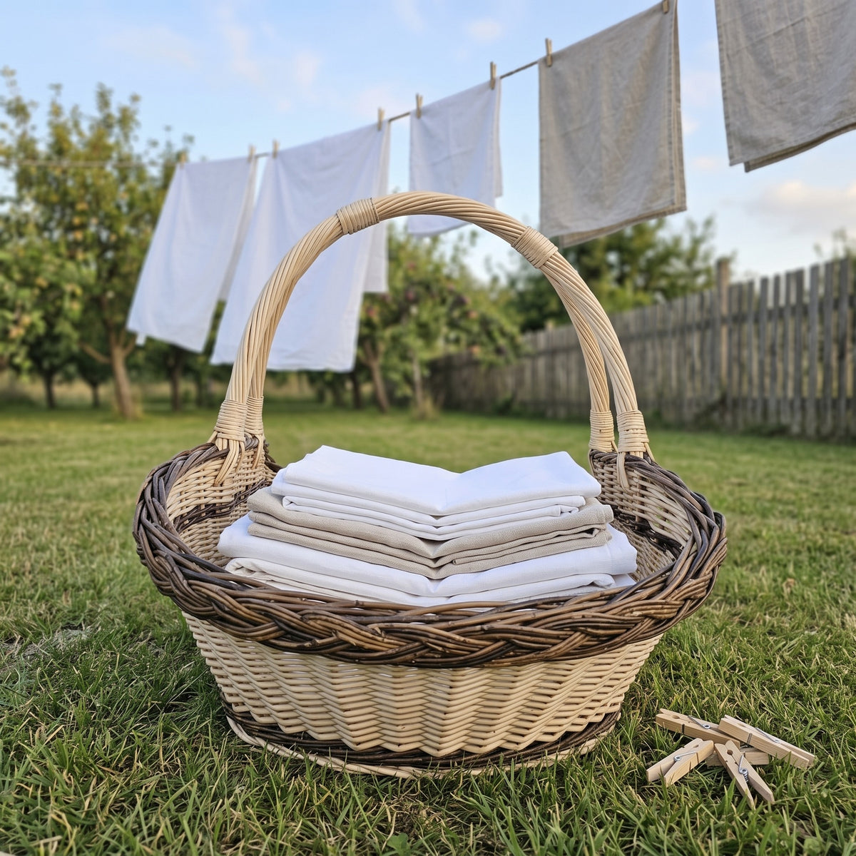 Large oval willow basket with two handles and a braided rim holding folded white linens on the grass under a washing line in an orchard