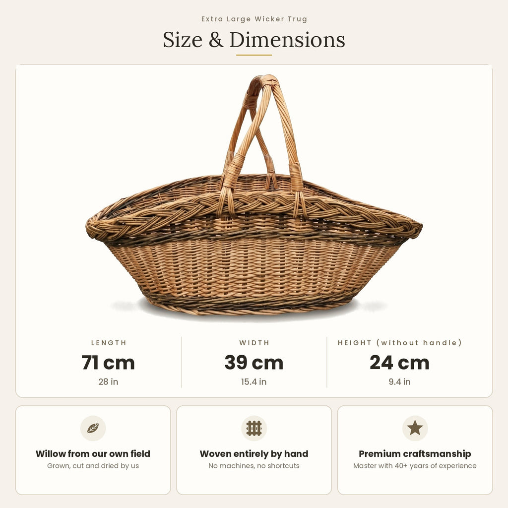 Size chart for the large handwoven willow harvest trug with two handles showing 71 cm length, 39 cm width and 24 cm height without handles
