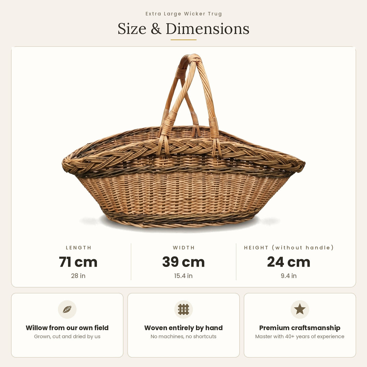 Size chart for the large handwoven willow harvest trug with two handles showing 71 cm length, 39 cm width and 24 cm height without handles