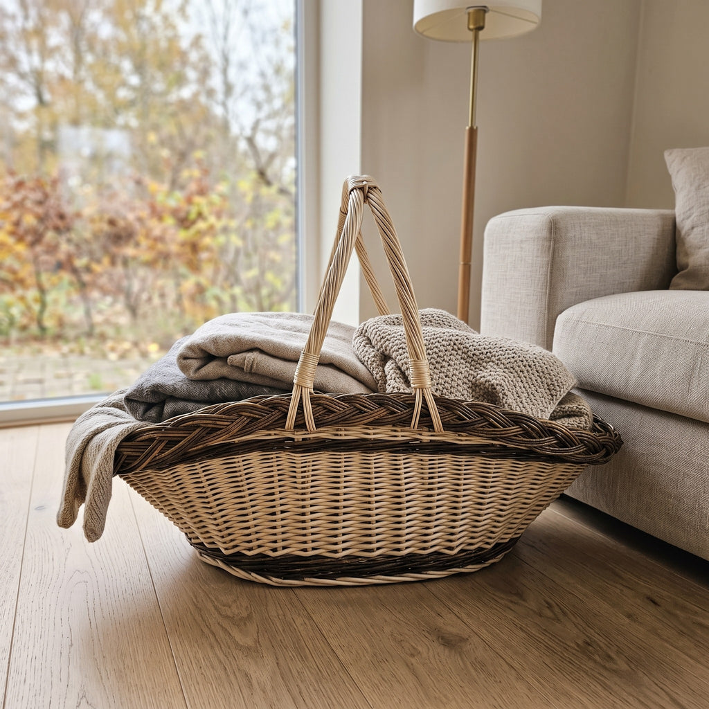 Large wicker trug with two handles used as a blanket basket, holding wool throws on a wooden floor beside a sofa in a bright living room