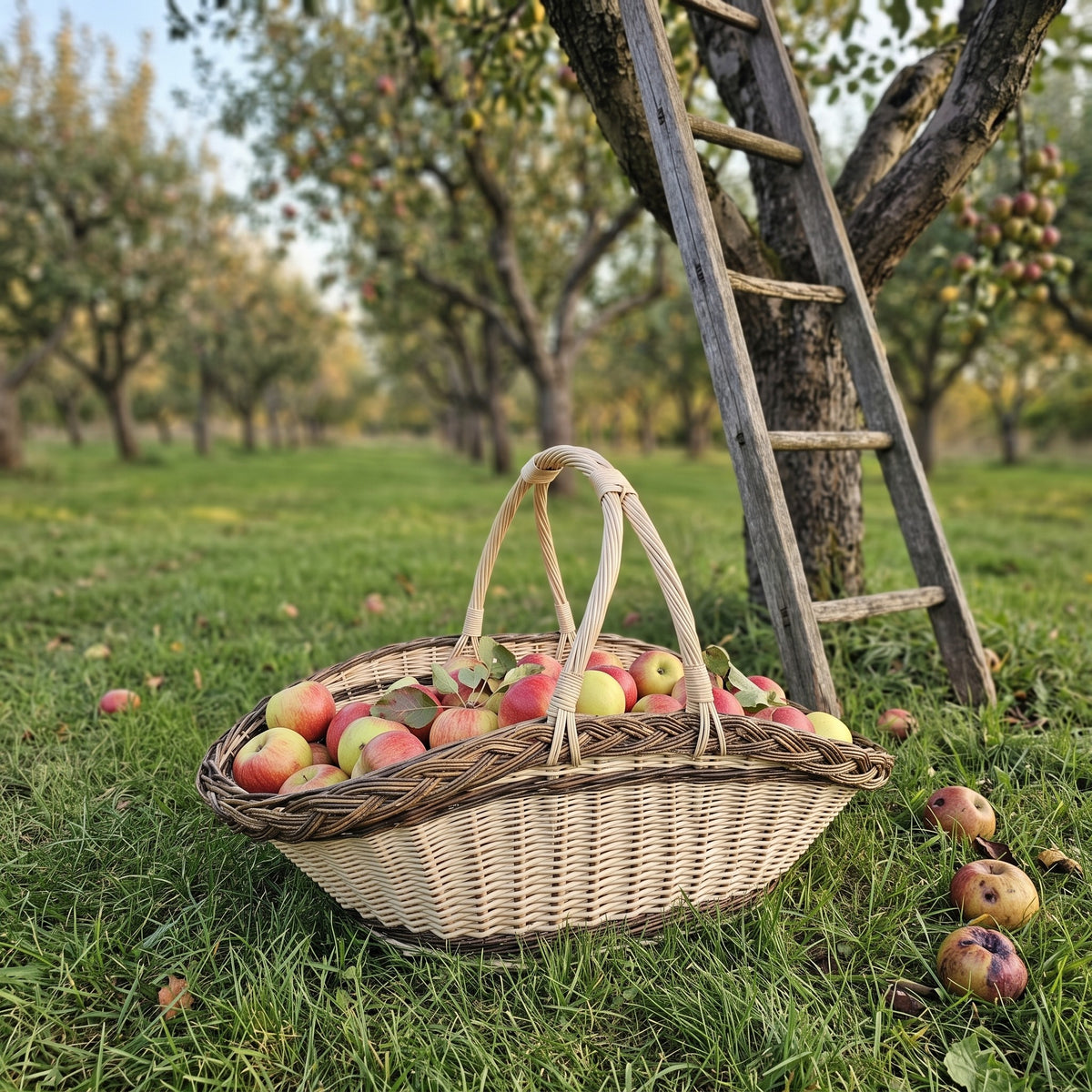 Two-handled willow apple picking basket full of red apples on the grass of an orchard beside a wooden ladder leaning on a tree