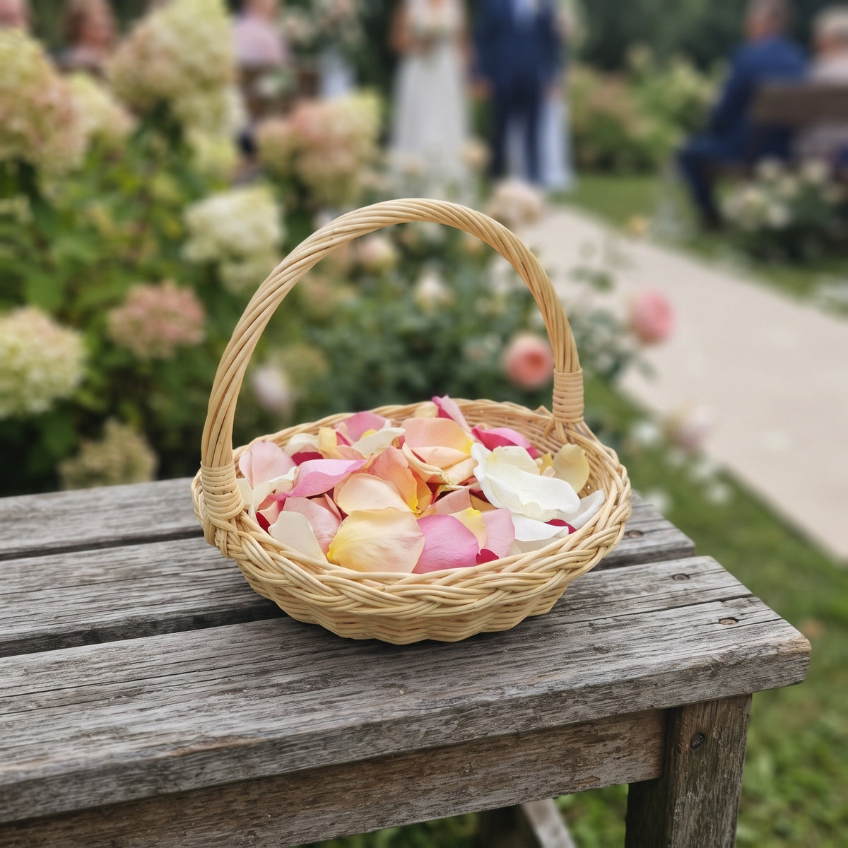 Handwoven willow flower girl basket full of pastel rose petals on a wooden bench beside the aisle of an outdoor wedding