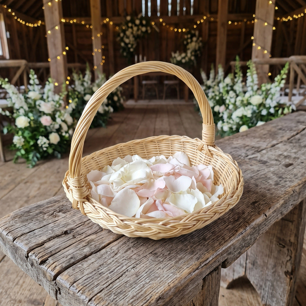 Small round wicker petal basket with a tall arched handle full of white and blush rose petals on a rustic bench in a decorated barn wedding venue